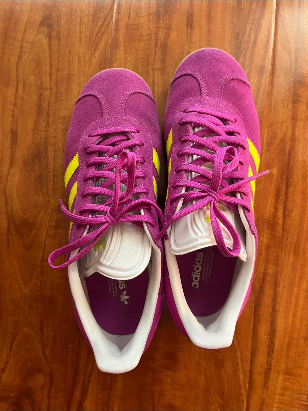 adidas Women's Suede Sneakers in Magenta with Yellow Stripes